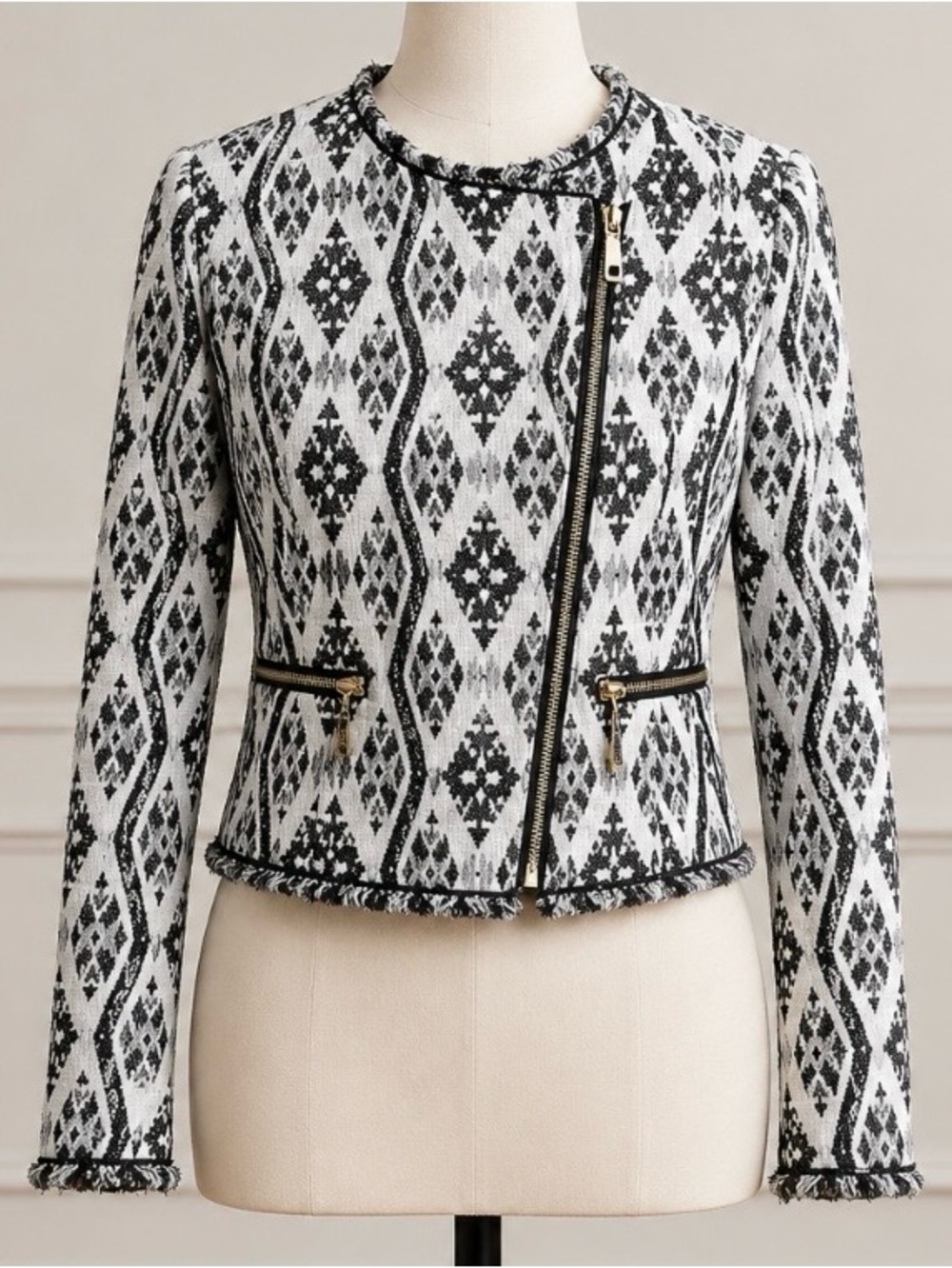 H&M Divided Black White Aztec Tweed Moto Jacket Size 8 Asymmetrical Zip,